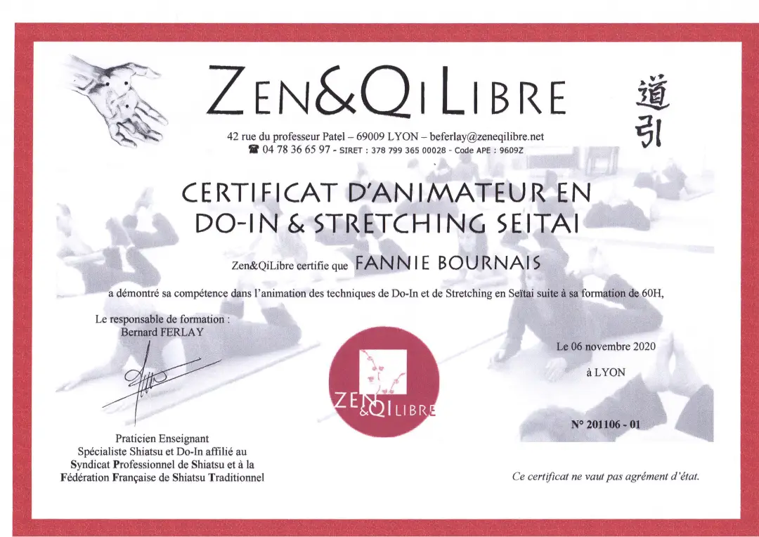 Diplôme Do In & Seïtaï - Fannie Bournais